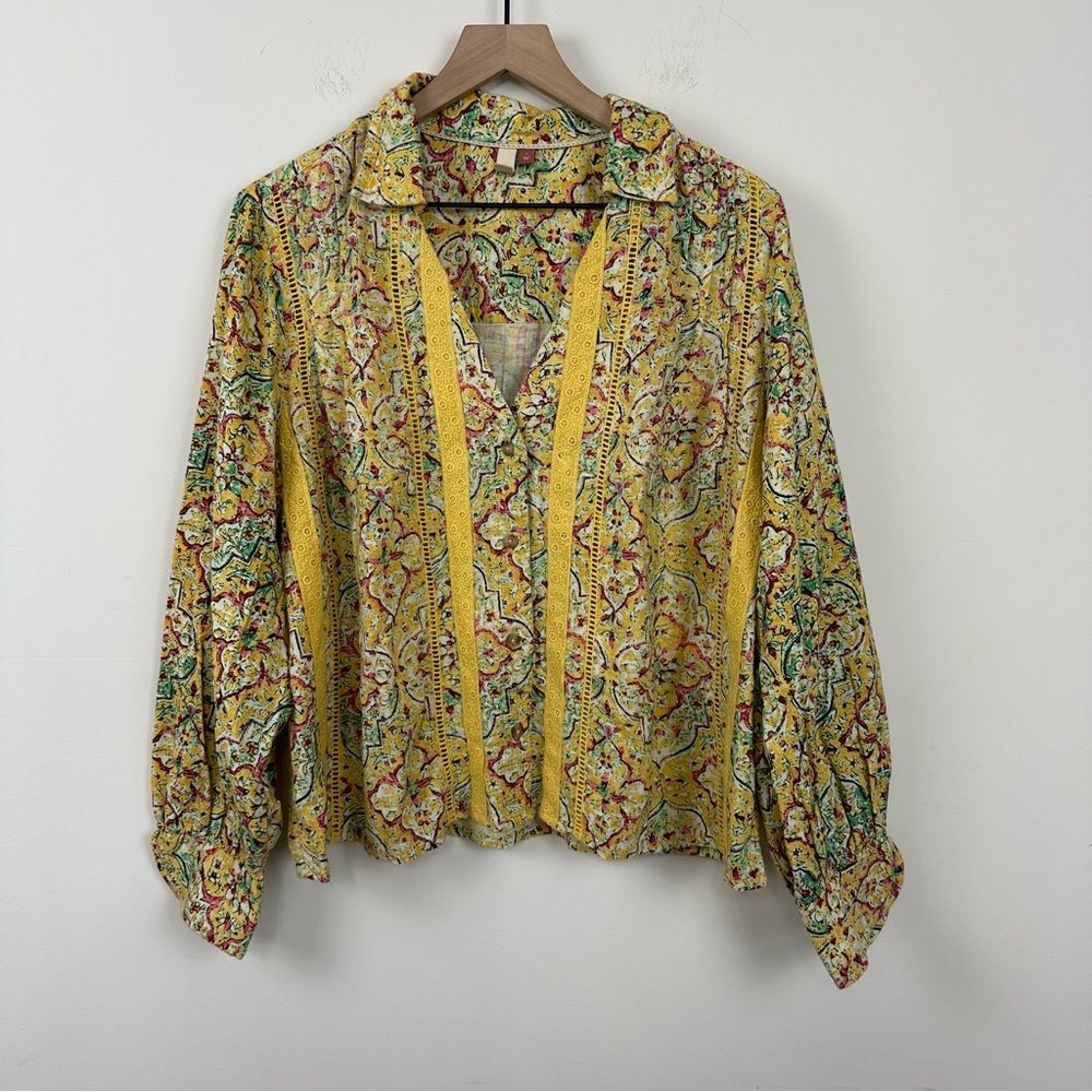 Pilcro Cotton Yellow Pink Green Geometric Floral Pattern Button Down Blouse, L